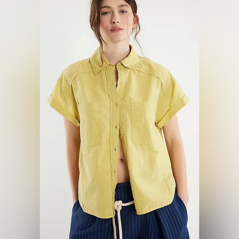 Free People Pale Yellow Short Sleeve Button Down Shirt - Picture 2 of 13